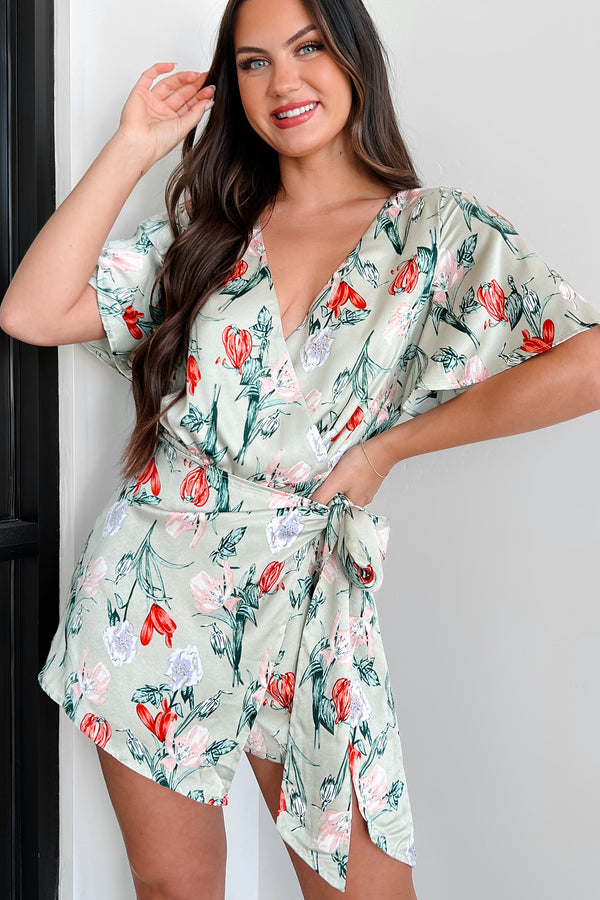 Discovering Paradise Satin Floral Romper (Sage Blue) - NanaMacs