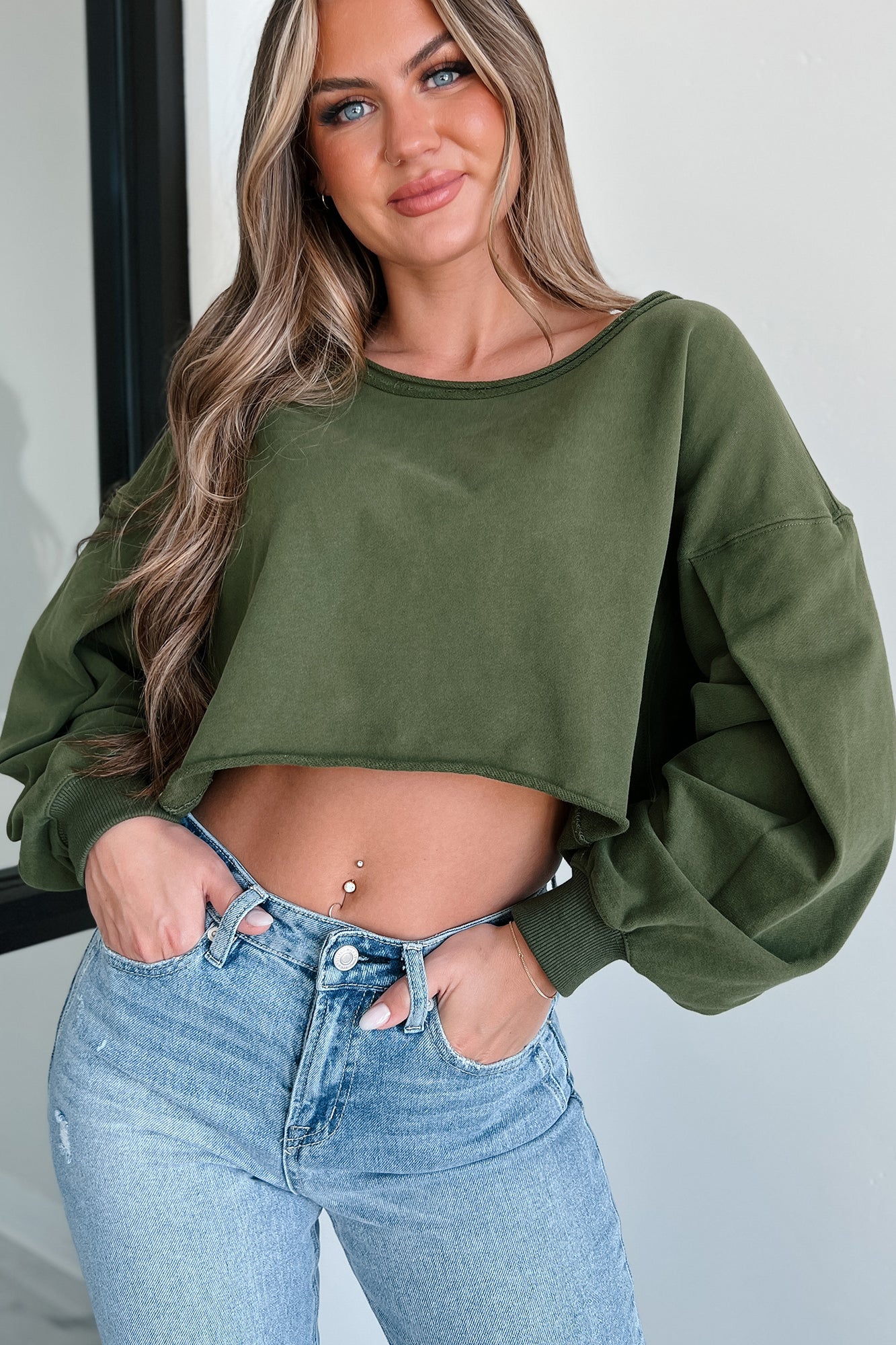 Swapping Stories Oversized Crop Pullover (Olive) - NanaMacs