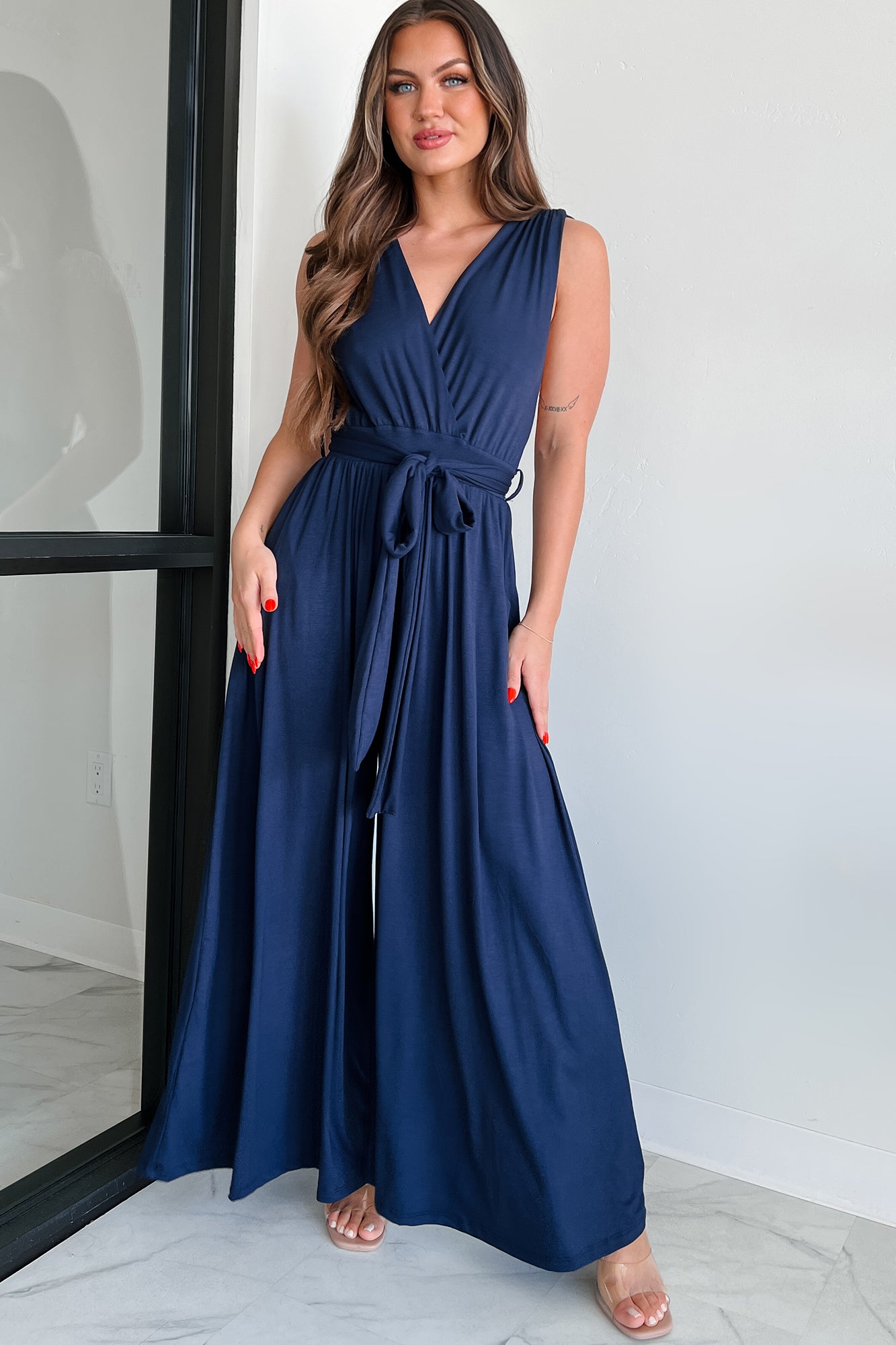 Meant To Be Modern Wrap-Tie Palazzo Jumpsuit (Dark Navy) - NanaMacs