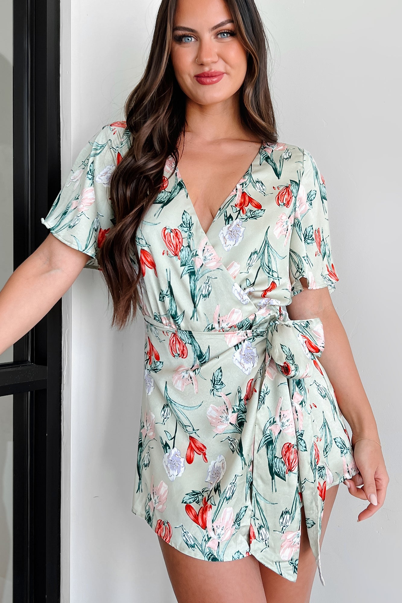 Discovering Paradise Satin Floral Romper (Sage Blue) - NanaMacs