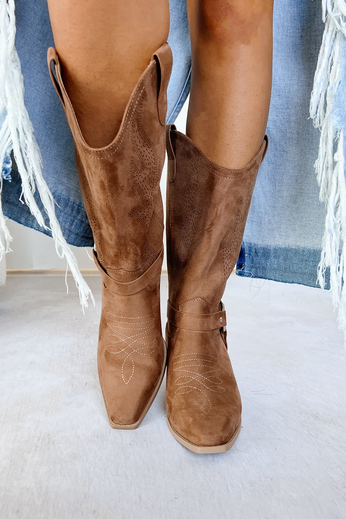 Boots Made For Walkin' Embroidered Suede Boots (Tan) - NanaMacs