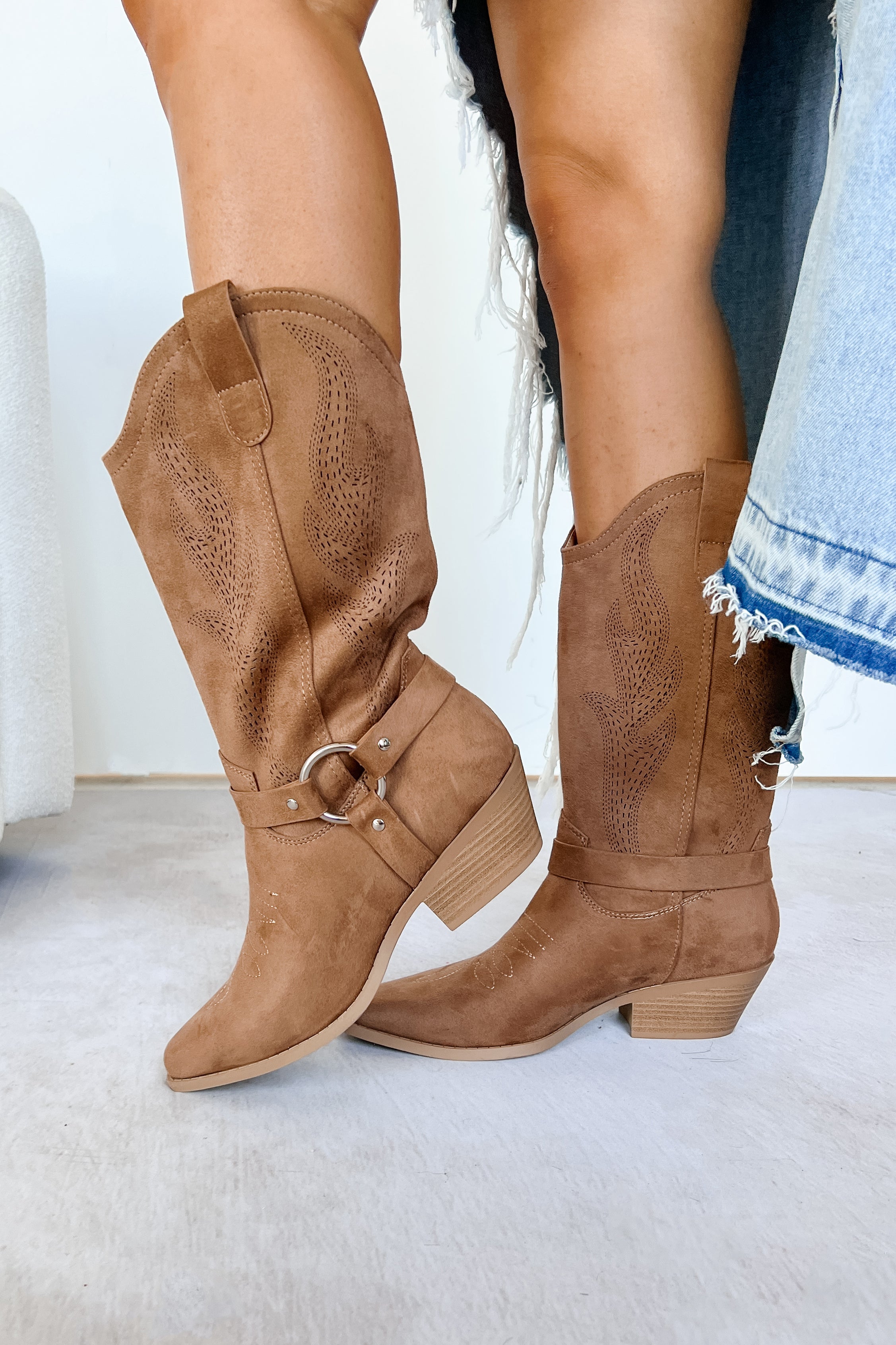 Boots Made For Walkin' Embroidered Suede Boots (Tan) - NanaMacs