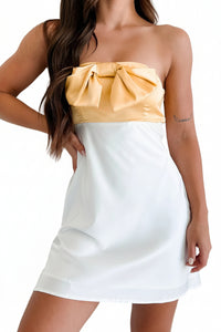 LE LIS Women's Guests To Impress Strapless Satin Mini Dress in White/Yellow