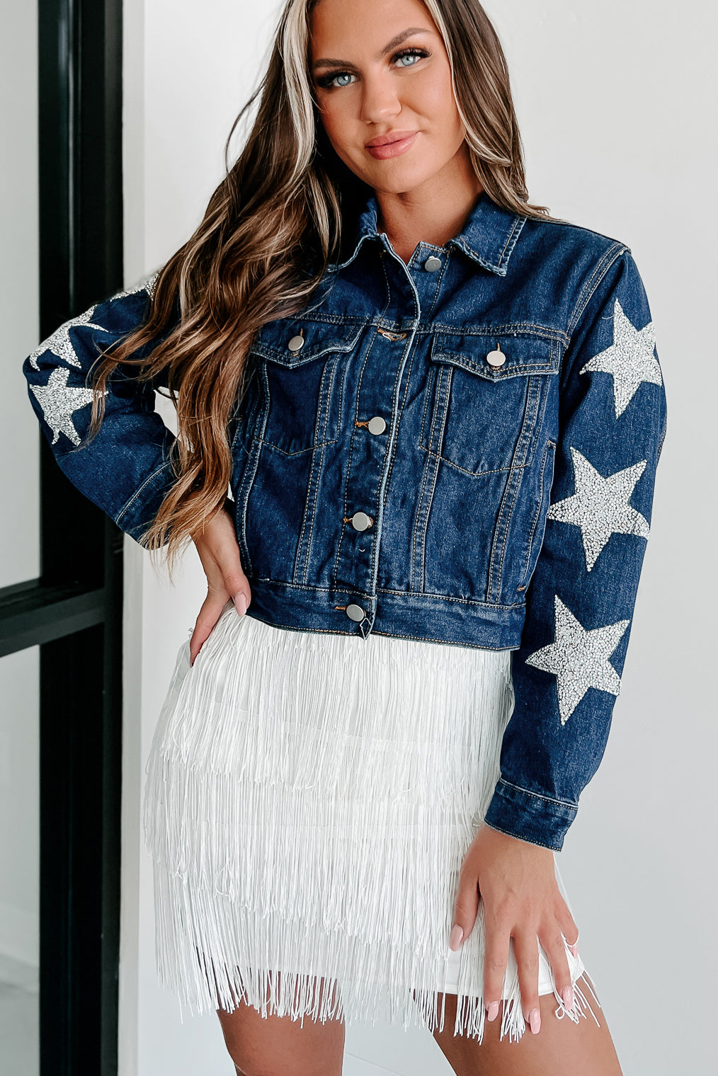 My American Girl Star Sleeve Denim Jacket (Dark Denim) - NanaMacs