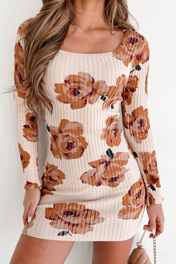 Autumn Blooms Ribbed Floral Bodycon Dress (Taupe) - NanaMacs