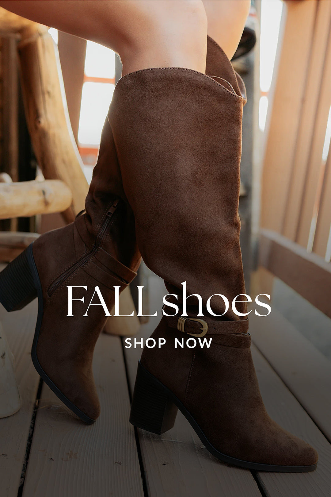 Brown knee-high boots with a 'FALLshoes' text overlay on a blurred indoor background.