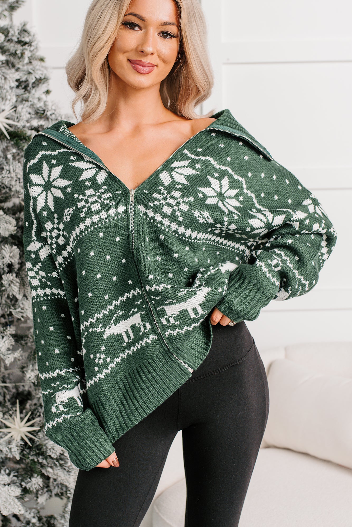 Winter Nest Fair Isle Zip-Up Sweater (Hunter Green) - NanaMacs