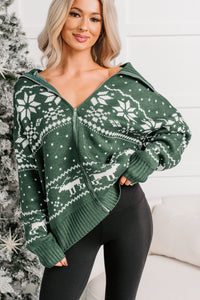 Winter Nest Fair Isle Zip-Up Sweater (Hunter Green) - NanaMacs