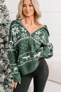 Winter Nest Fair Isle Zip-Up Sweater (Hunter Green) - NanaMacs