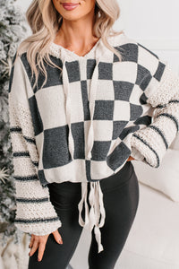 Kept Warm Mello Checkered Drawstring Sweater (Ivory/Black) - NanaMacs