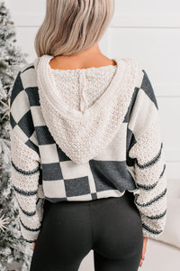 Kept Warm Mello Checkered Drawstring Sweater (Ivory/Black) - NanaMacs