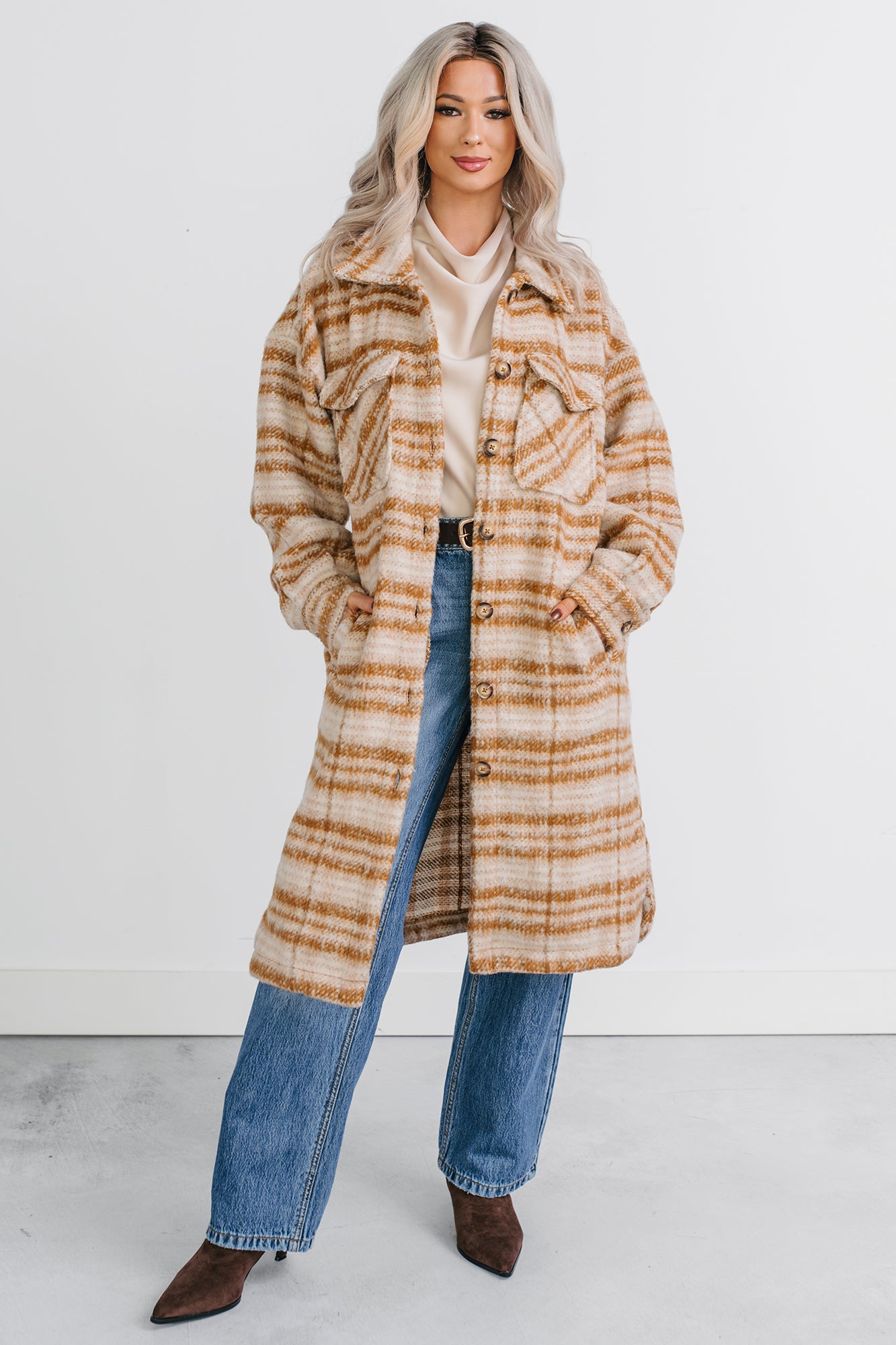 Hold The Calm Plaid Fleece Jacket (Cream Plaid) - NanaMacs