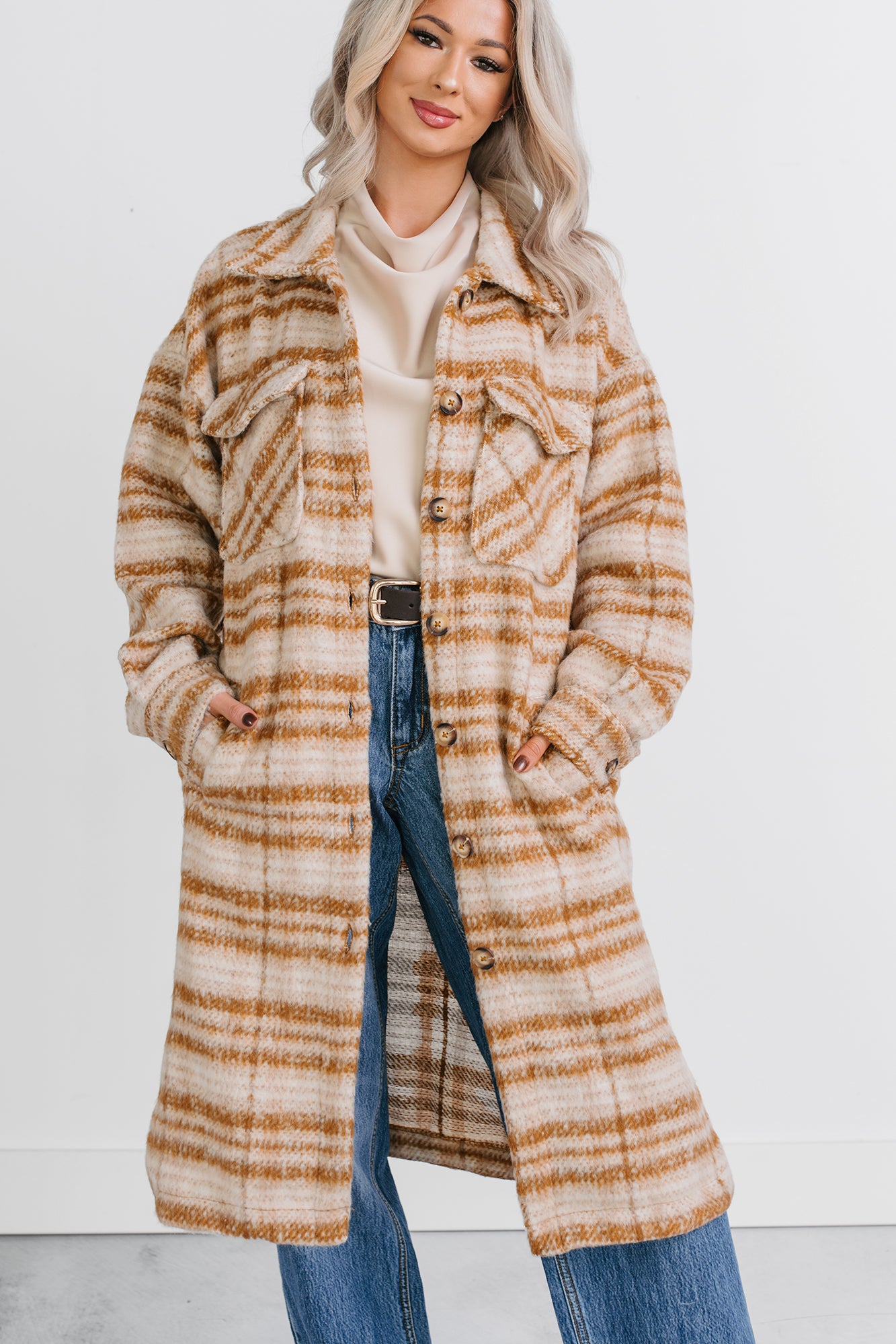 Hold The Calm Plaid Fleece Jacket (Cream Plaid) - NanaMacs