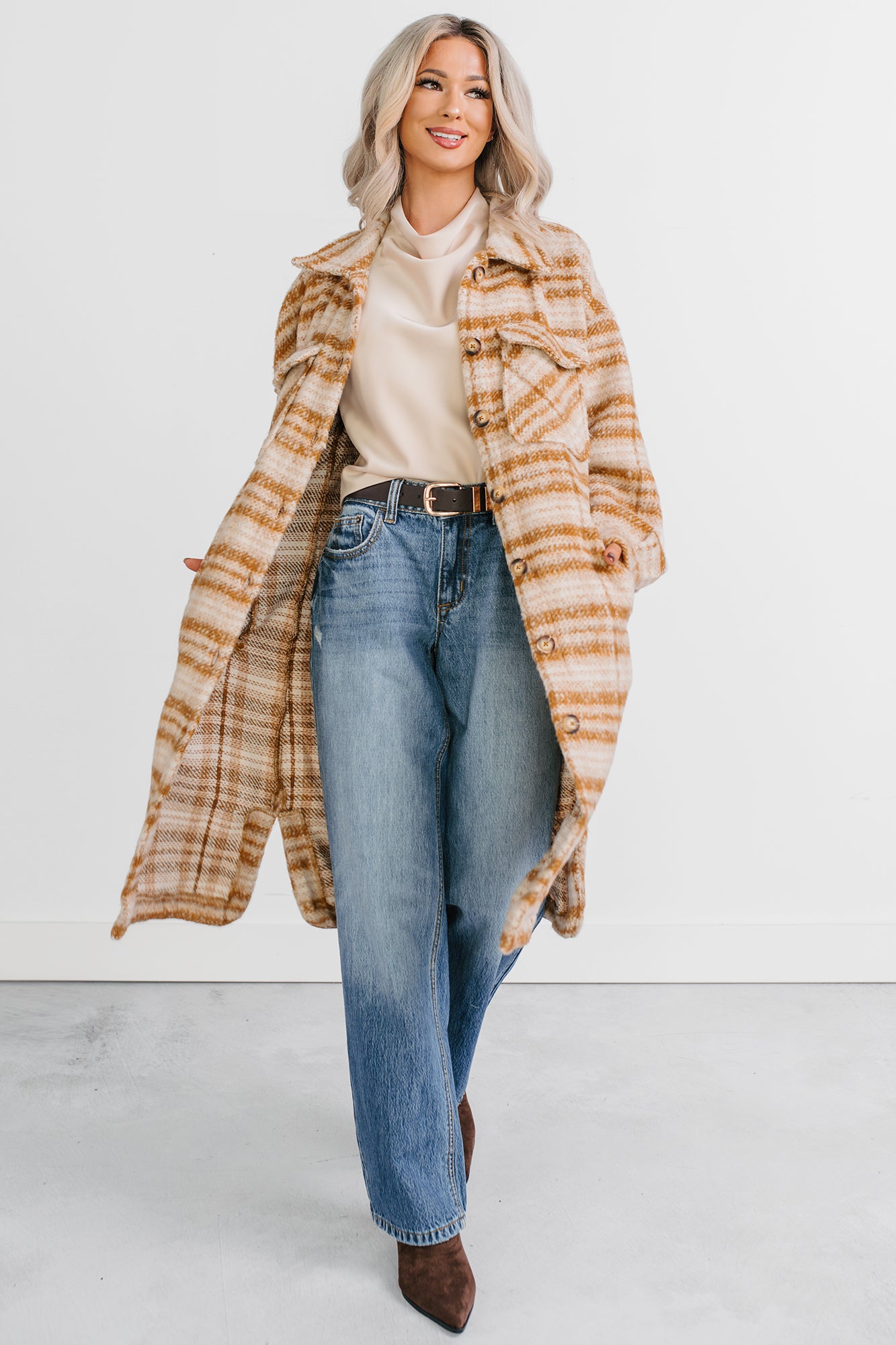 Hold The Calm Plaid Fleece Jacket (Cream Plaid) - NanaMacs