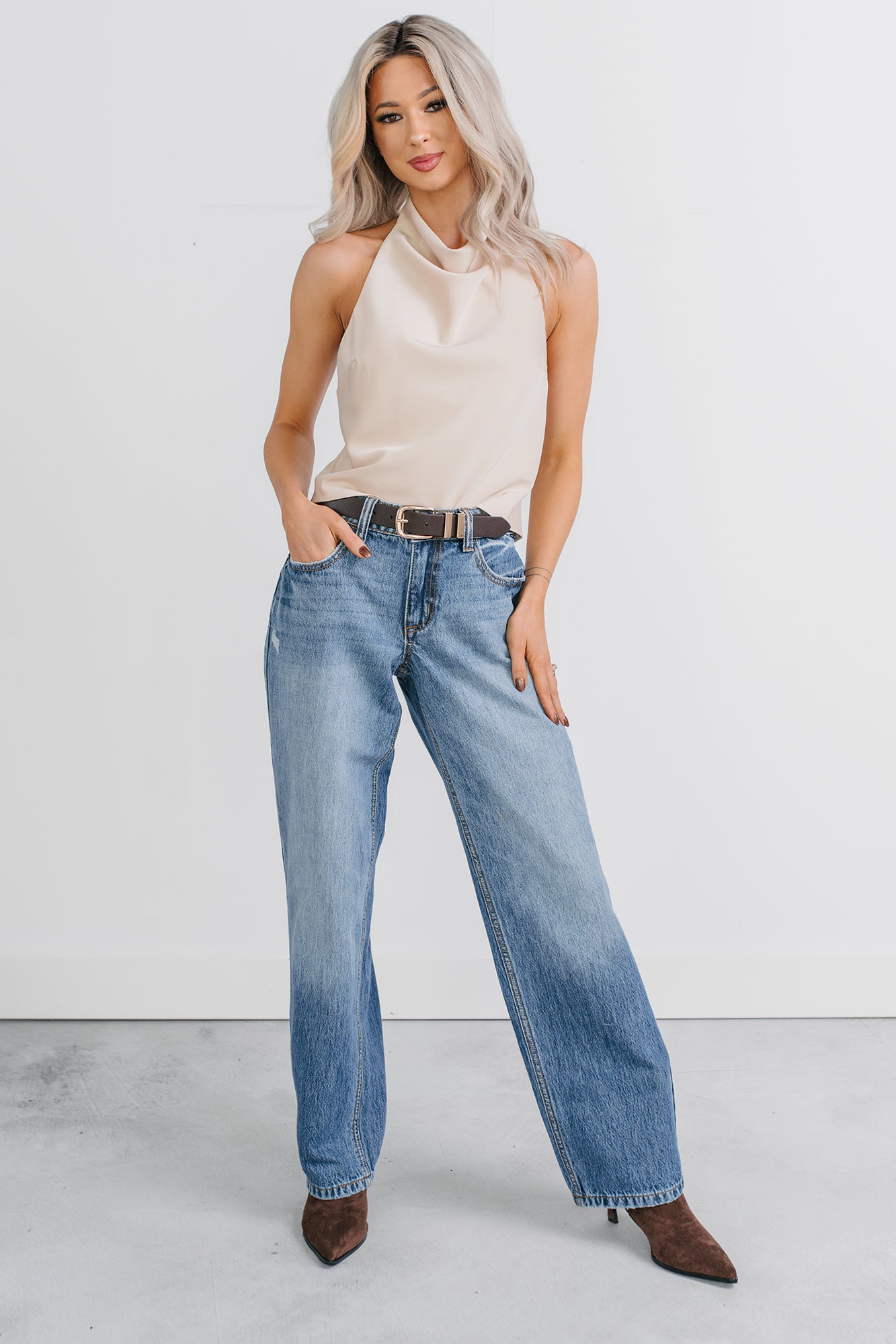 Tastefully Done Sleeveless Halter Top (Champagne) - NanaMacs