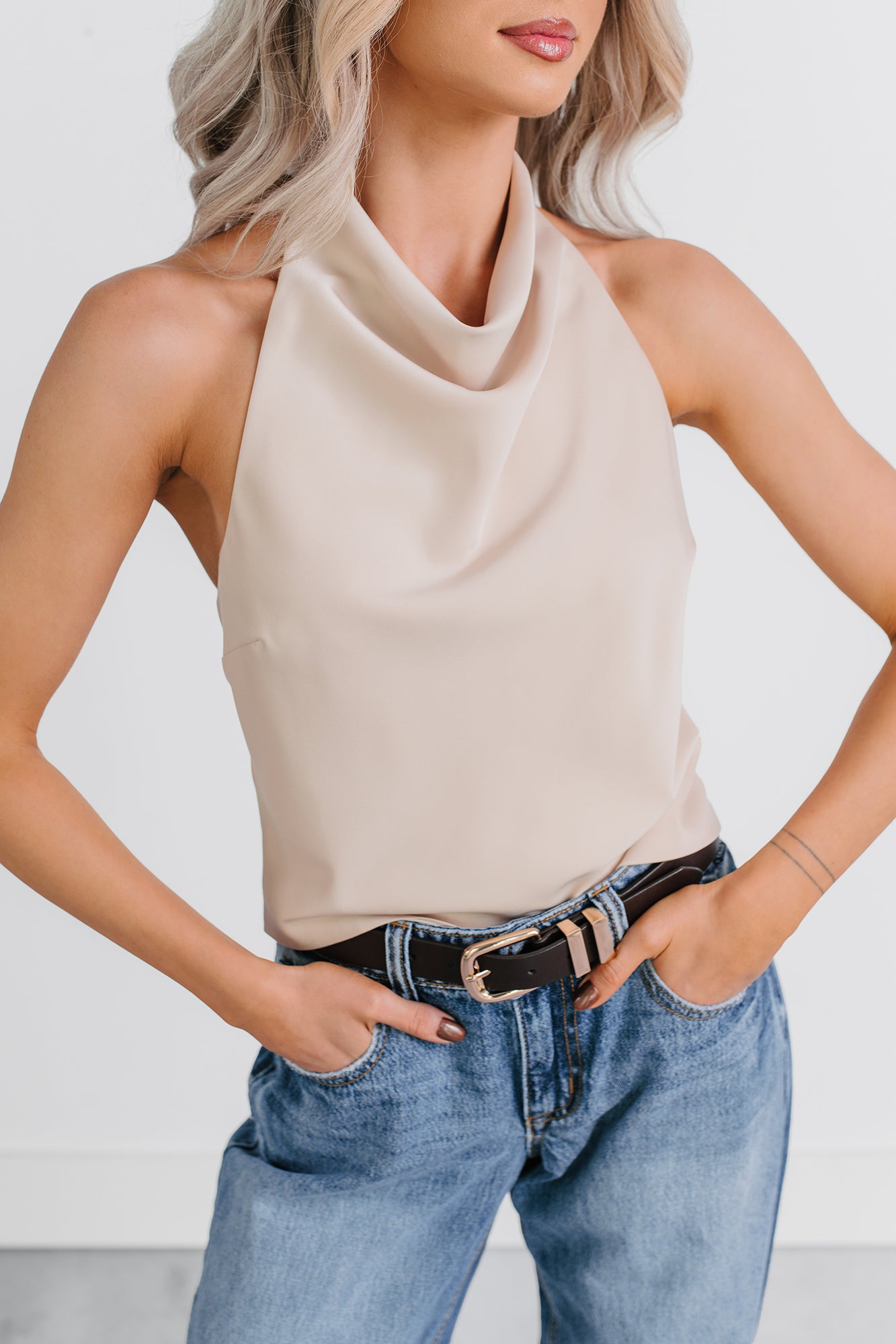 Tastefully Done Sleeveless Halter Top (Champagne) - NanaMacs