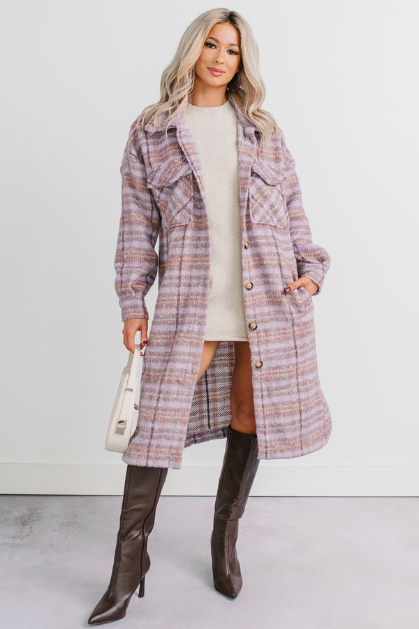 Hold The Calm Plaid Fleece Jacket (Purple Plaid)