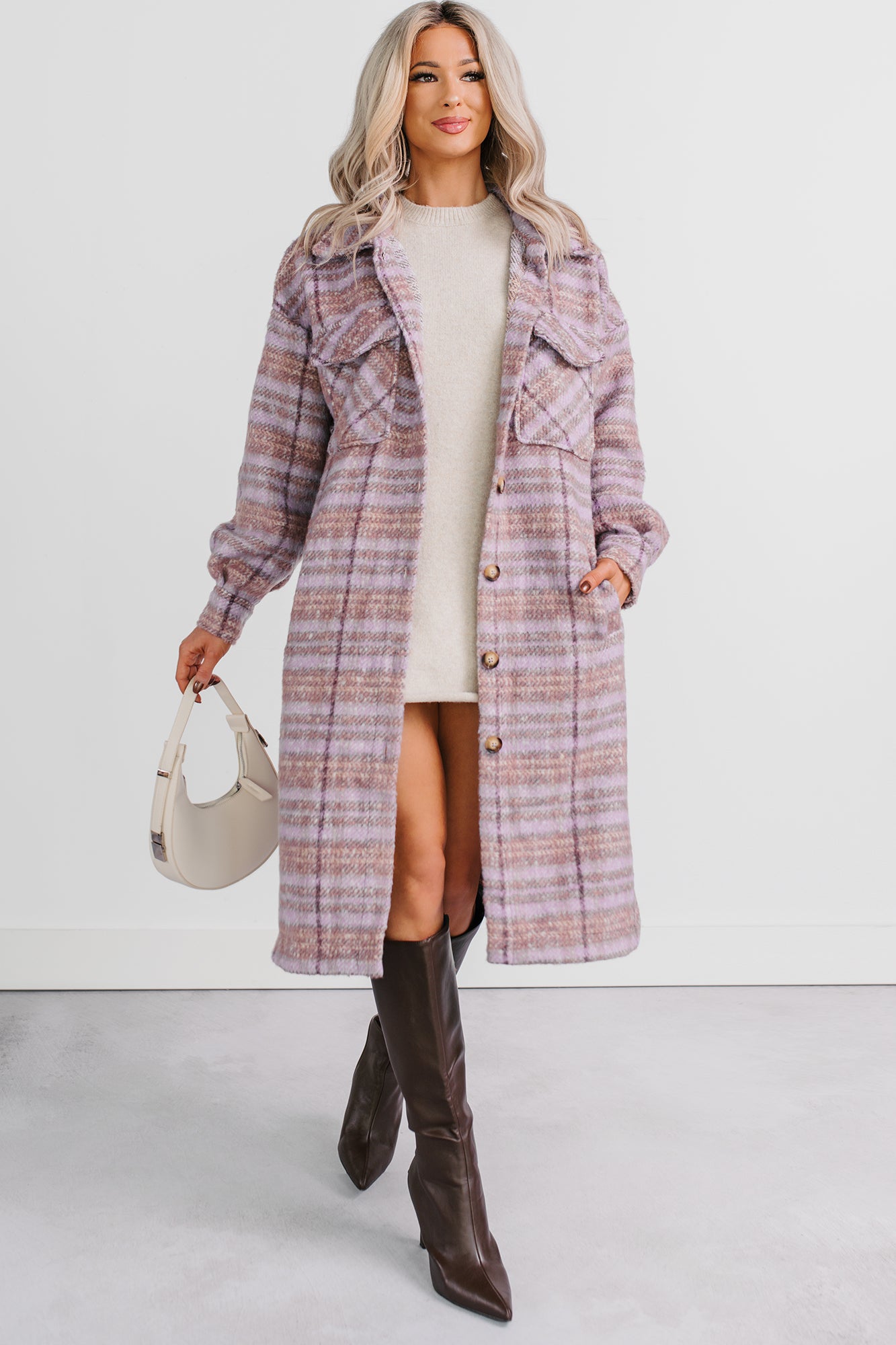 Hold The Calm Plaid Fleece Jacket (Purple Plaid) - NanaMacs