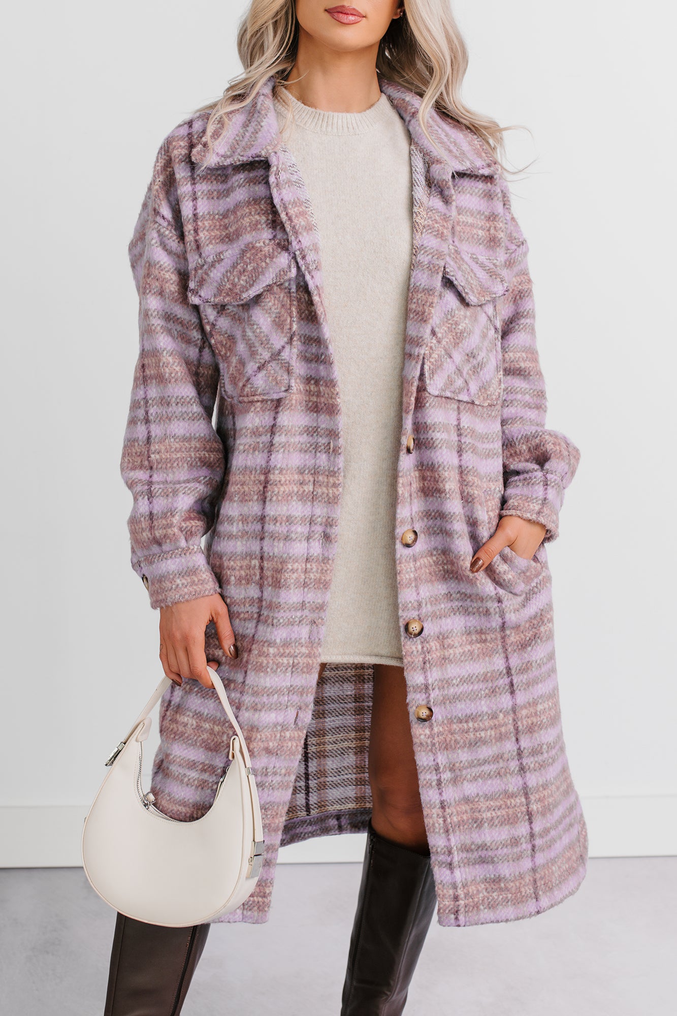 Hold The Calm Plaid Fleece Jacket (Purple Plaid) - NanaMacs