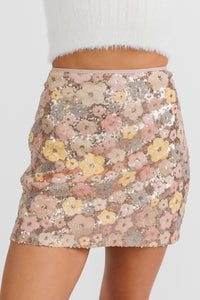 Fresh Picked Floral Sequin Mini Skirt (Champagne)