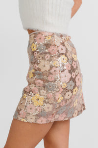Fresh Picked Floral Sequin Mini Skirt (Champagne)