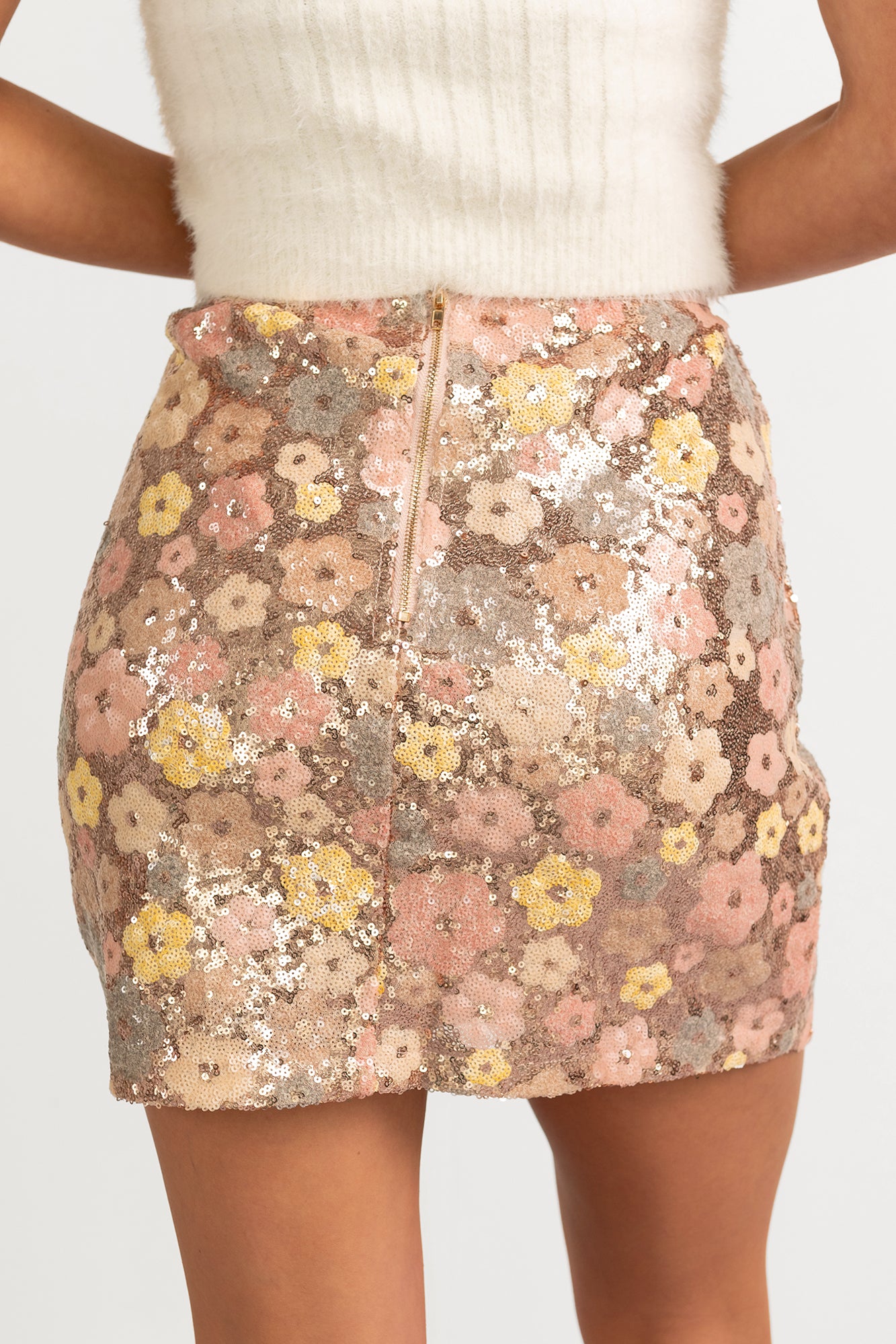 Fresh Picked Floral Sequin Mini Skirt (Champagne)