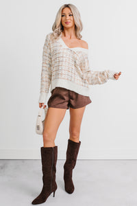Chill Glow Textured Marled V Neck Sweater (Cream) - NanaMacs