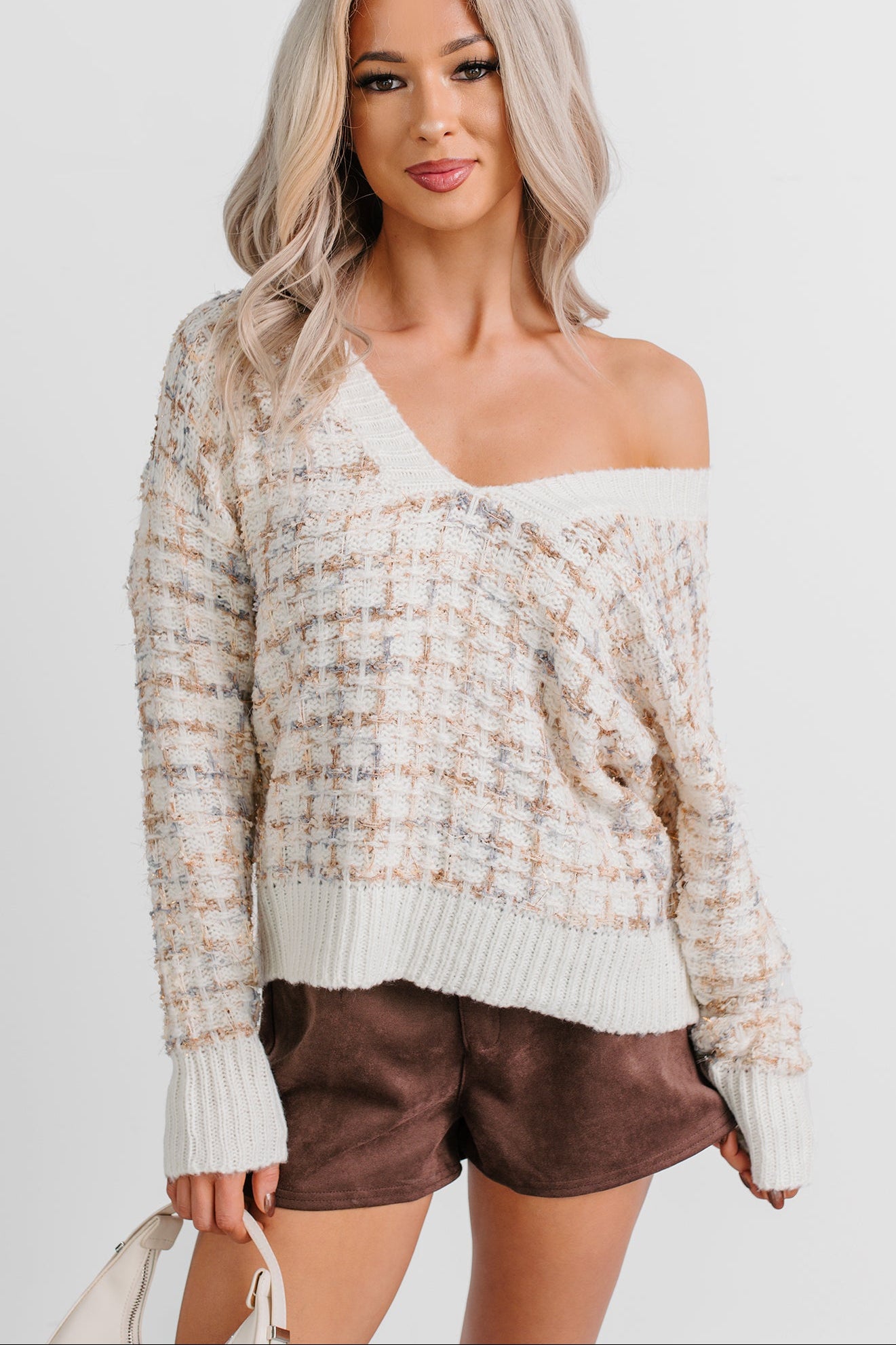 Chill Glow Textured Marled V Neck Sweater (Cream) - NanaMacs