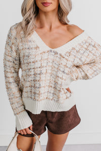 Chill Glow Textured Marled V Neck Sweater (Cream) - NanaMacs
