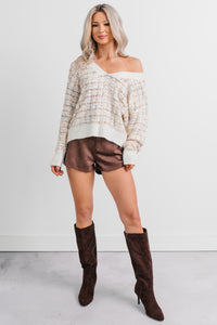 Chill Glow Textured Marled V Neck Sweater (Cream) - NanaMacs
