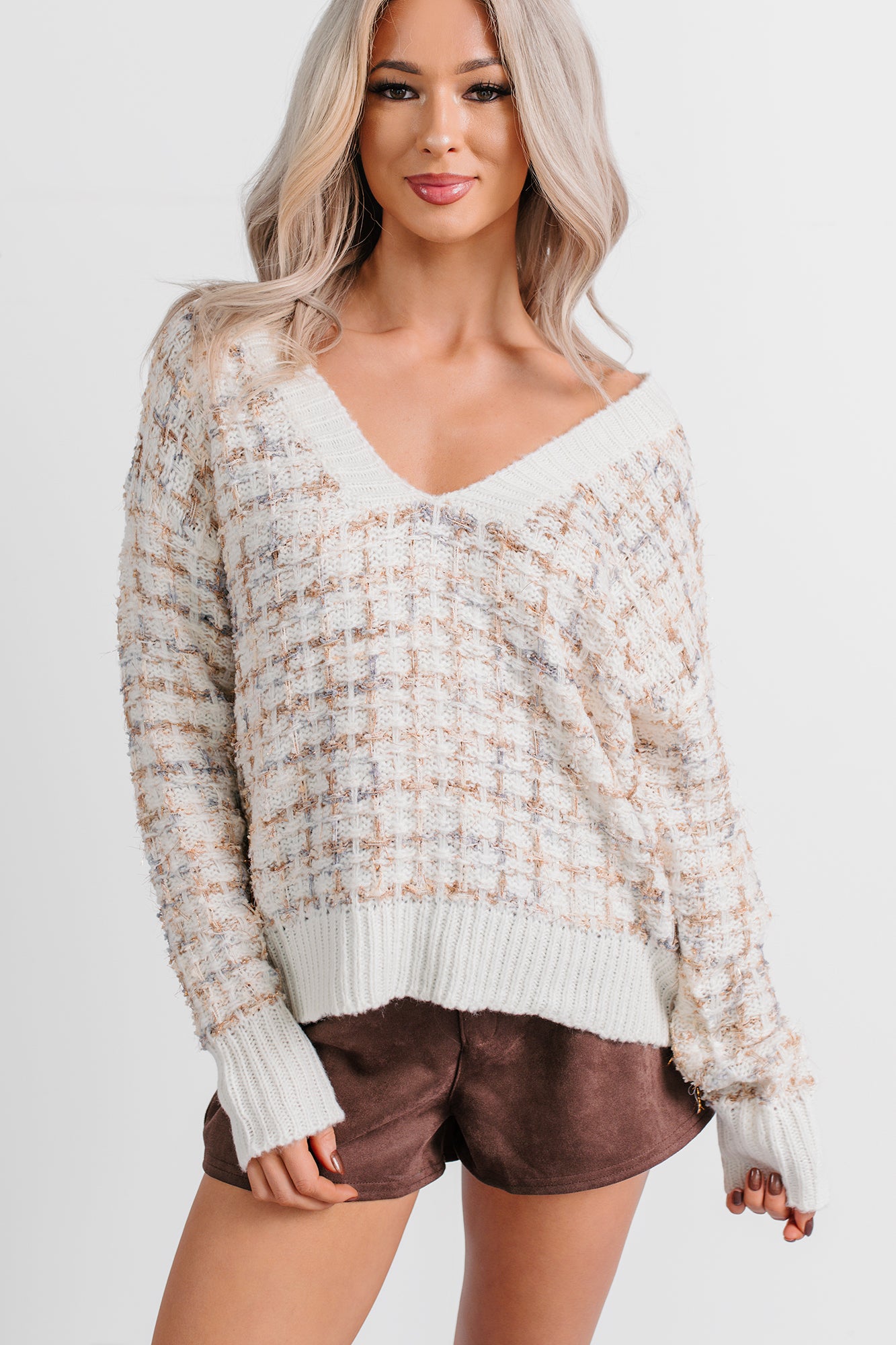 Chill Glow Textured Marled V Neck Sweater (Cream) - NanaMacs