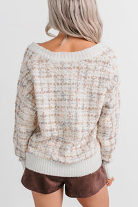 Chill Glow Textured Marled V Neck Sweater (Cream) - NanaMacs
