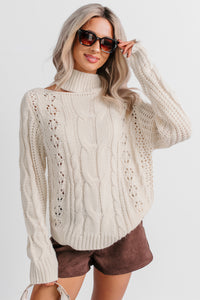 Reasonable Doubts Mock Neck Cable Knit Sweater (Cream) - NanaMacs