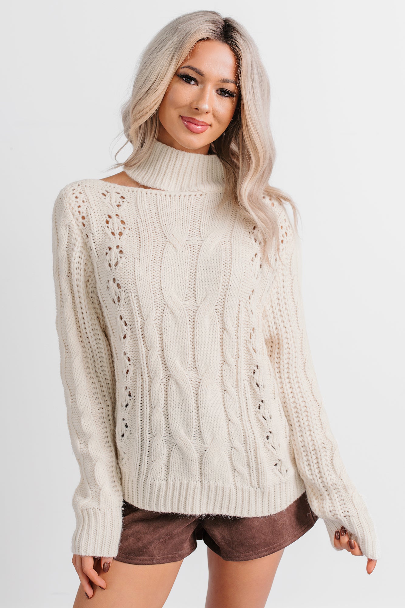 Reasonable Doubts Mock Neck Cable Knit Sweater (Cream) - NanaMacs