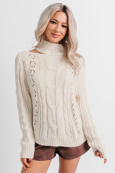 Reasonable Doubts Mock Neck Cable Knit Sweater (Cream)