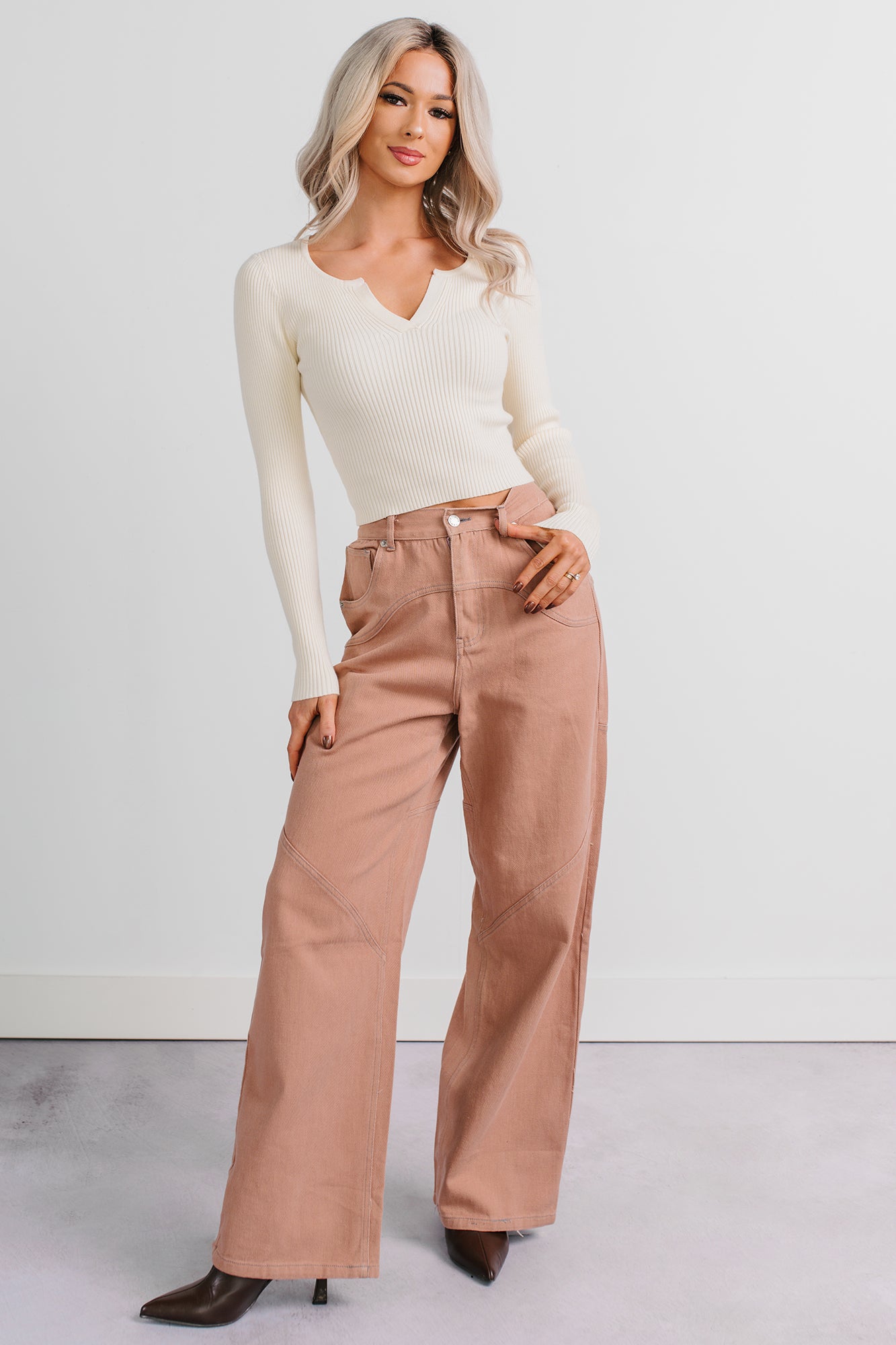 Perseus Seam Detailed Wide Leg Jeans (Terracotta) · NanaMacs