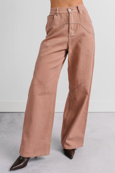 Perseus Seam Detailed Wide Leg Jeans (Terracotta)