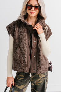 Frosted Glow High Neck Button Up Sherpa Vest (Brown) - NanaMacs