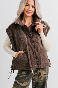 Frosted Glow High Neck Button Up Sherpa Vest (Brown) - NanaMacs