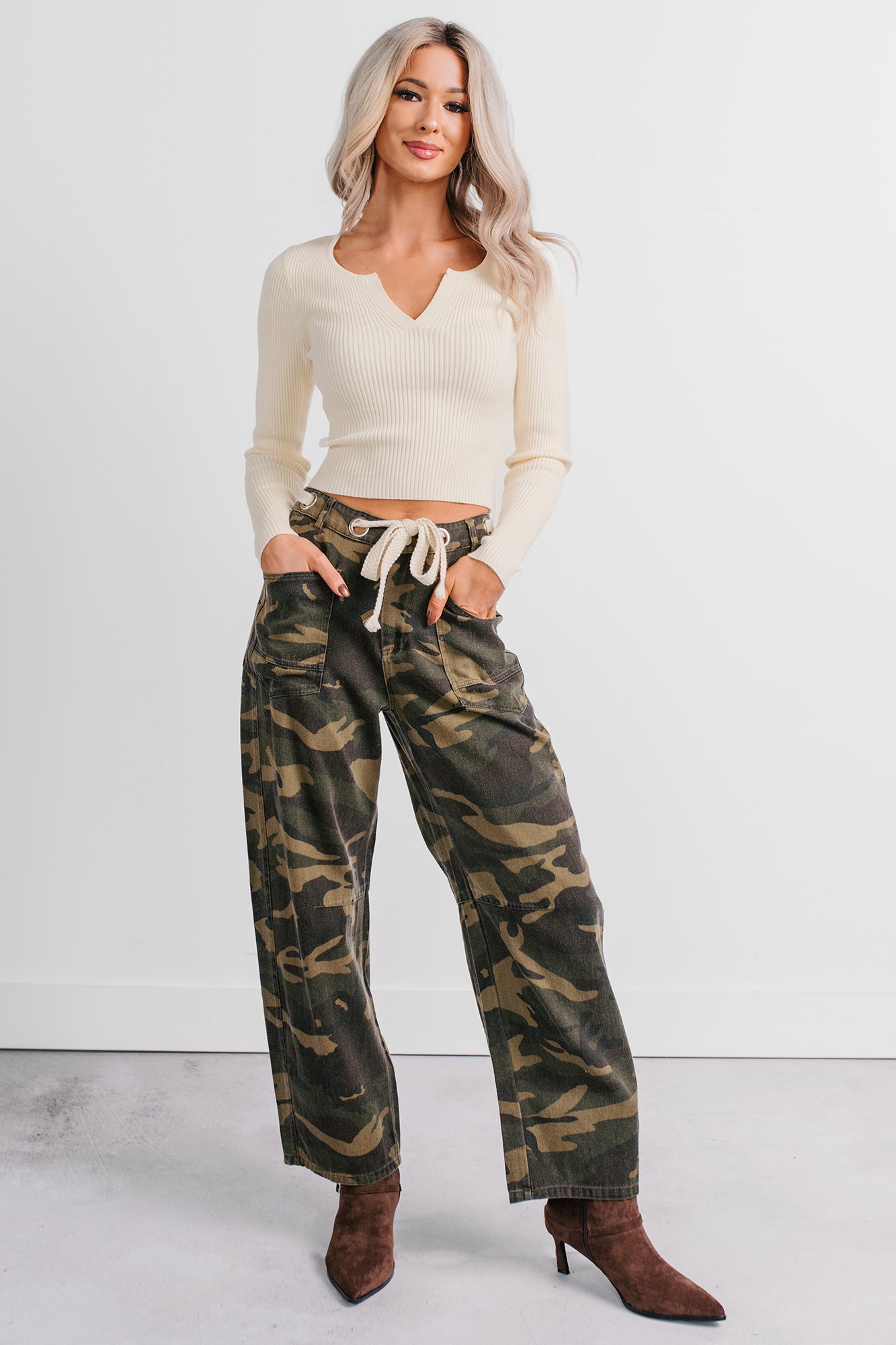 Think Of Me Denim Waist Tie Wide Leg Pants (Camo) - NanaMacs