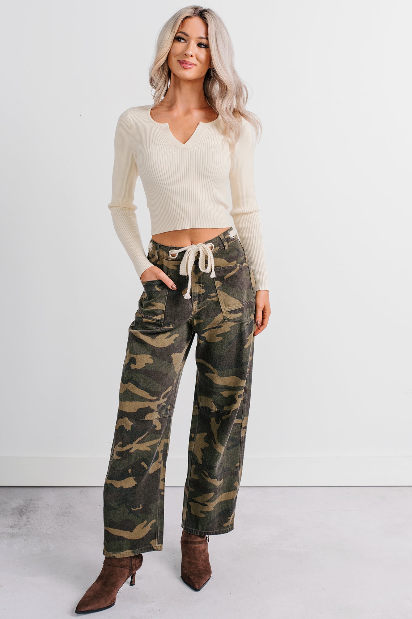 Think Of Me Denim Waist Tie Wide Leg Pants (Camo) - NanaMacs
