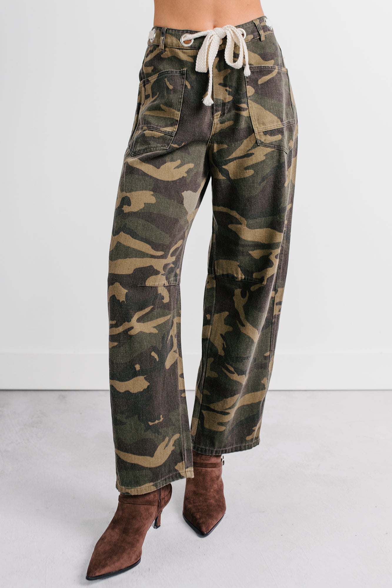 Think Of Me Denim Waist Tie Wide Leg Pants (Camo) - NanaMacs