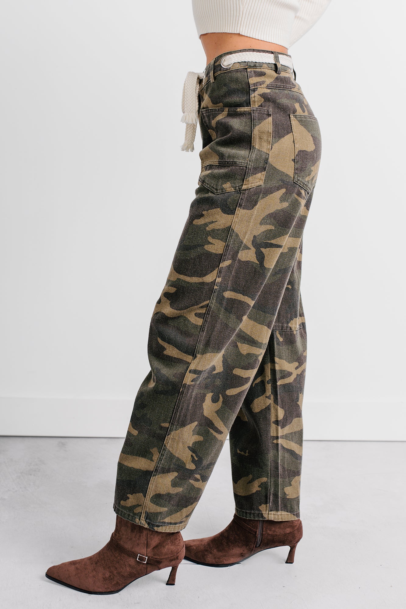 Think Of Me Denim Waist Tie Wide Leg Pants (Camo) - NanaMacs