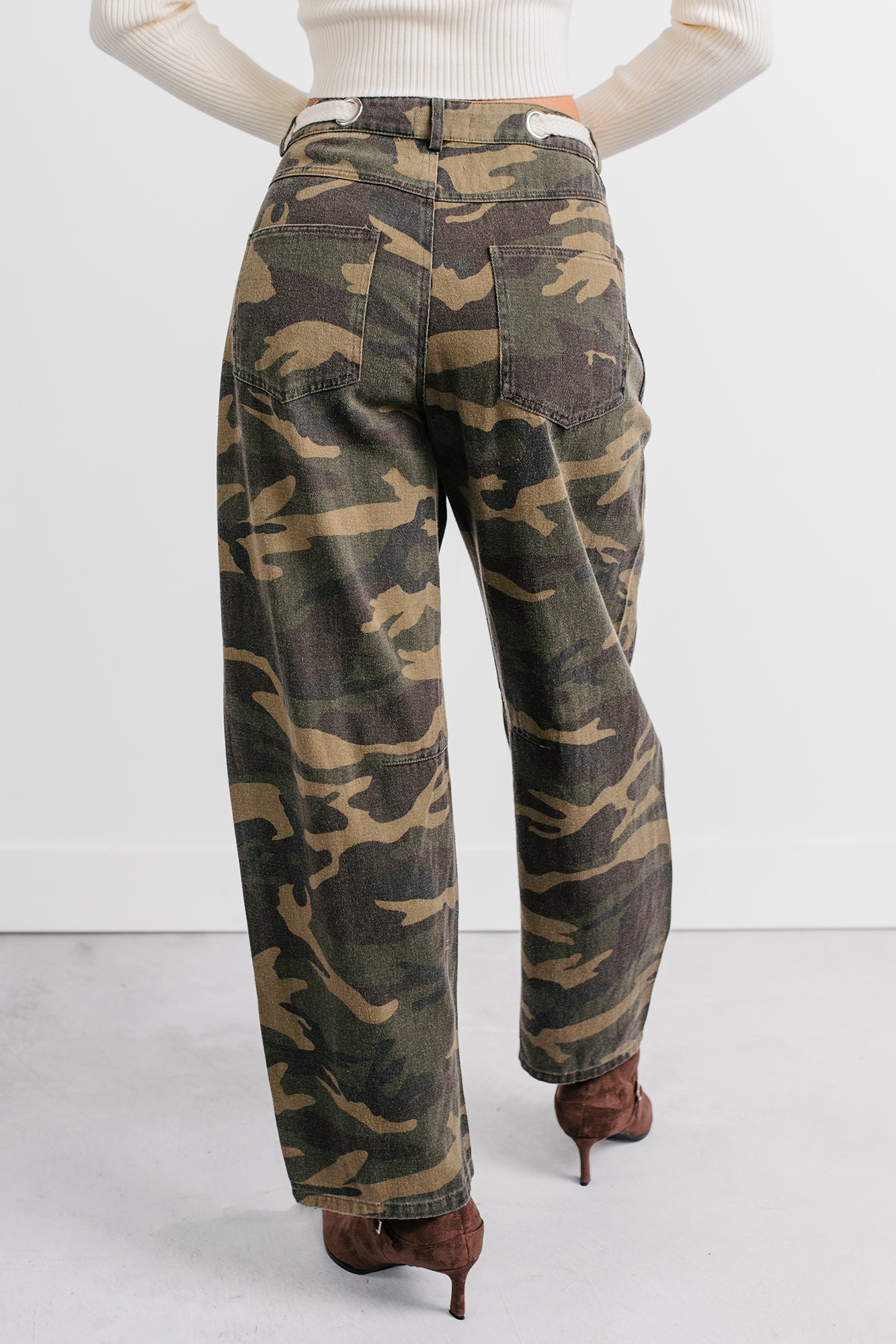 Think Of Me Denim Waist Tie Wide Leg Pants (Camo) - NanaMacs