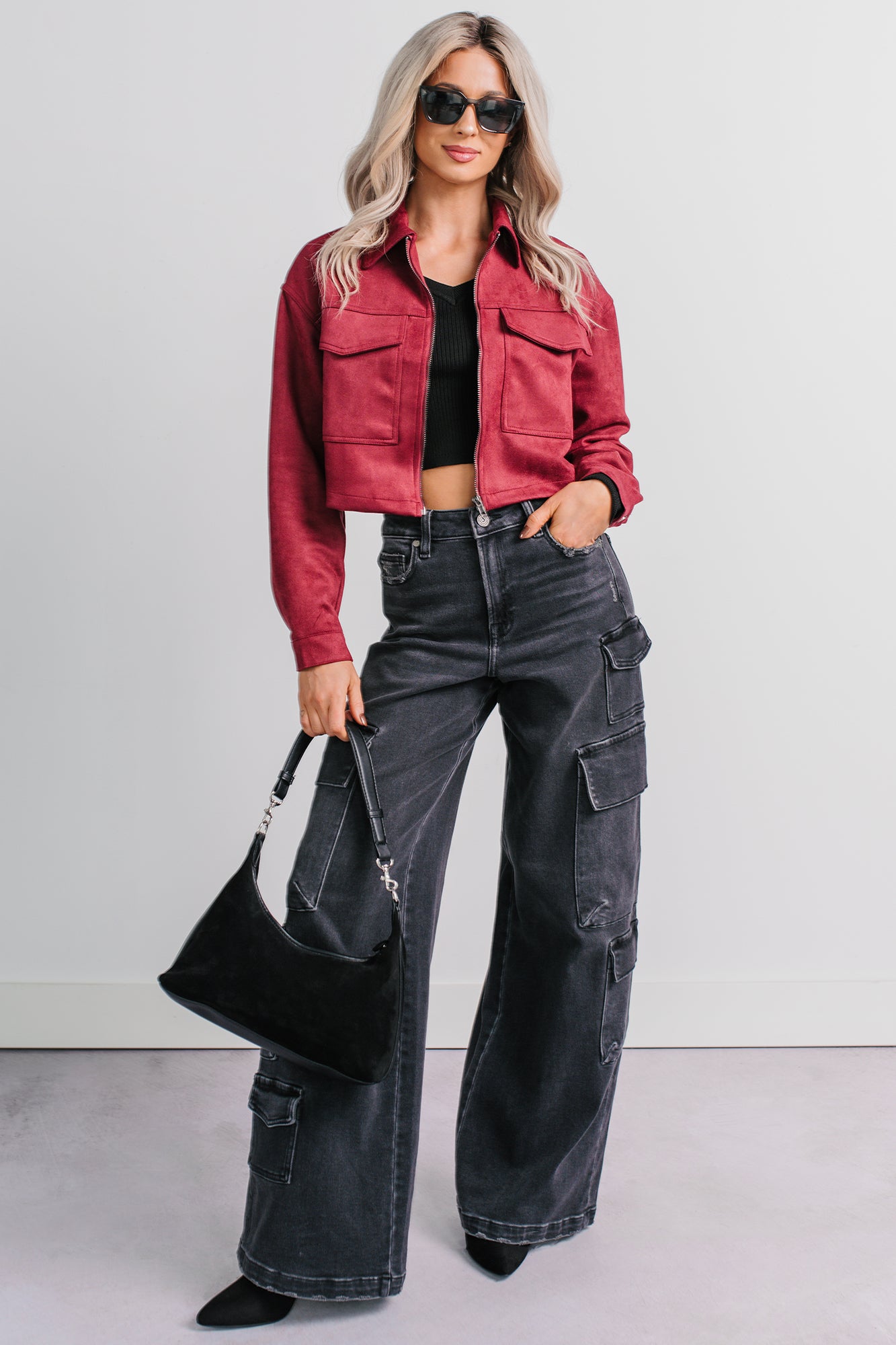 Stay Blushing Faux Suede Crop Jacket (Burgundy) - NanaMacs