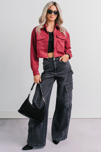 Stay Blushing Faux Suede Crop Jacket (Burgundy)