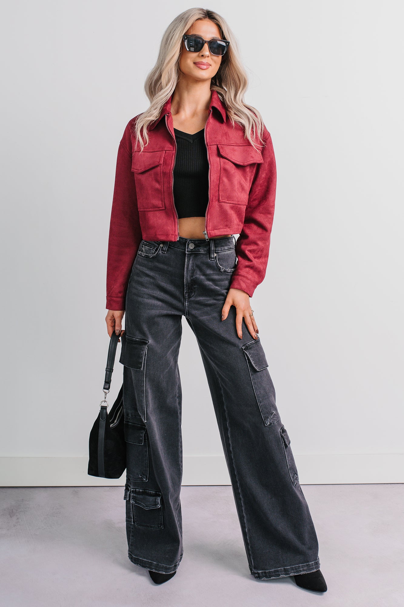 Stay Blushing Faux Suede Crop Jacket (Burgundy) - NanaMacs