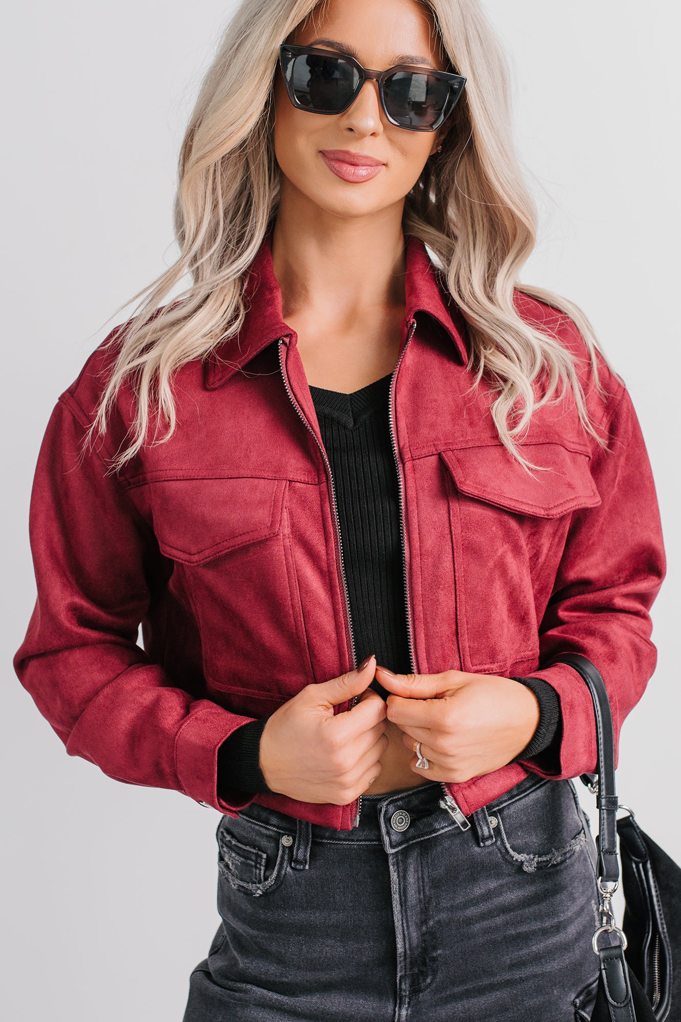 Stay Blushing Faux Suede Crop Jacket (Burgundy) - NanaMacs