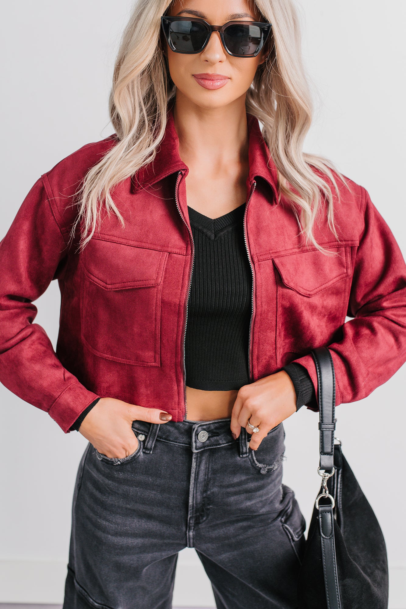 Stay Blushing Faux Suede Crop Jacket (Burgundy) - NanaMacs