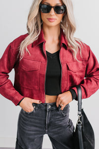 Stay Blushing Faux Suede Crop Jacket (Burgundy) - NanaMacs